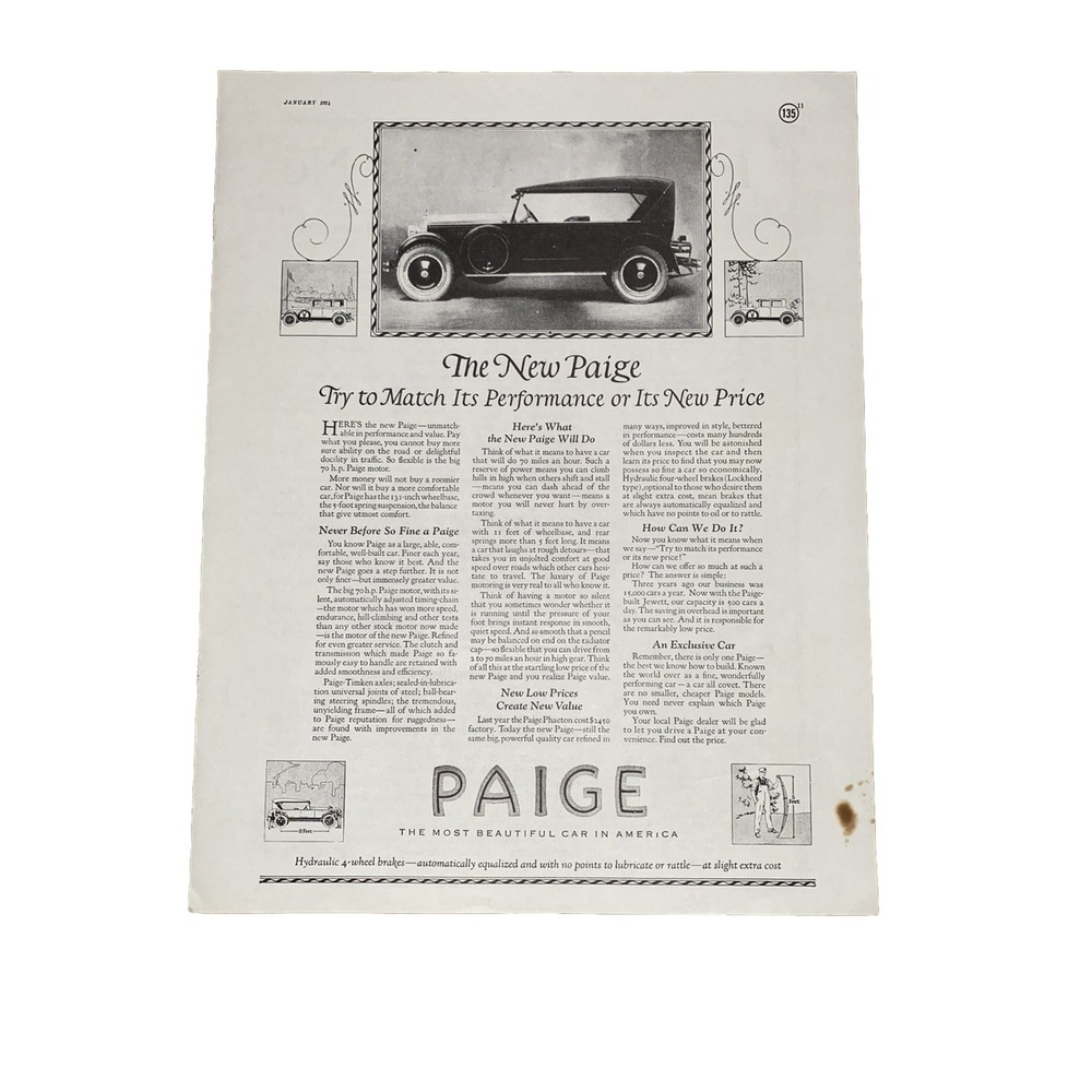 1924 Paige Car Print Ad Vintage Automobile Art Deco Style Magazine Page